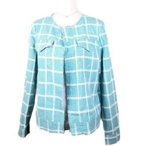 Women Blue White Windowpane Jacket Blazer M Coastal Career Classic Boxy NEW